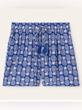 Boden Bembridge Blue Pineapple Shorts, Pull On Crinkle Fabric, Tassels
